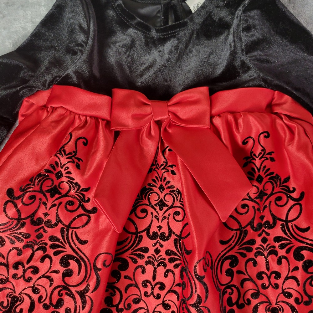 Rare Editions Girls Velvet Satin Holiday Dress No Size Tag Red Black Bow Formal‎ - Picture 3 of 10